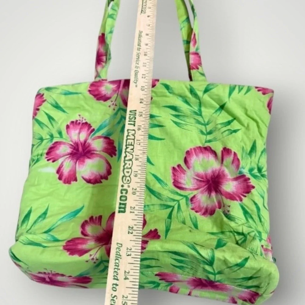 Hibiscus Floral Tote Bag Green Pink Sequin Tropical Beach Island Vacation Resort